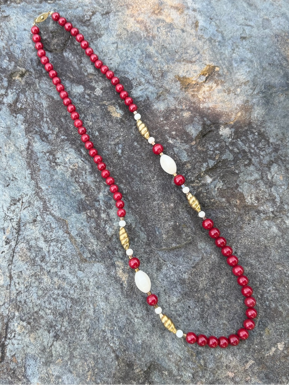 Vintage Red White Gold Gemstone Beaded Necklace